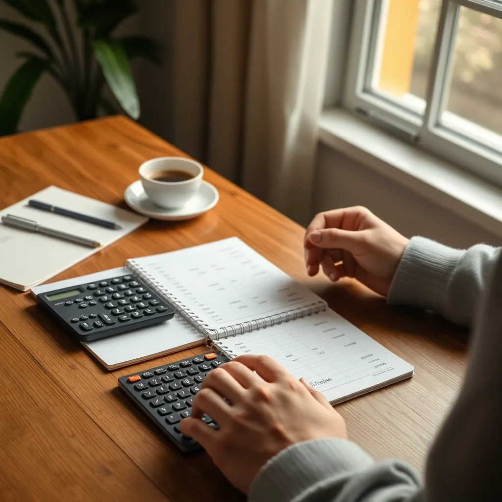 Persoon die budgetplanning doet met calculator en notities