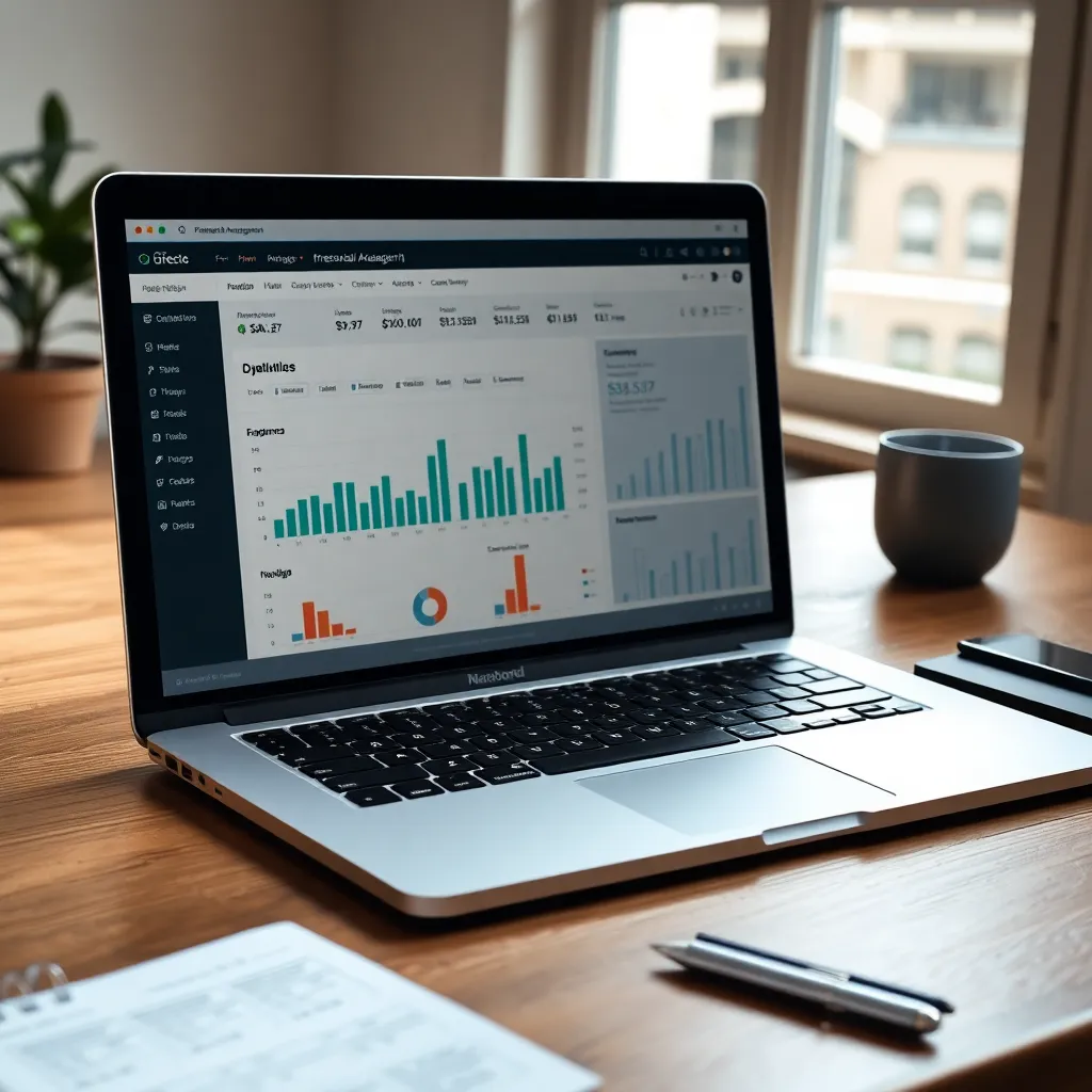 Een georganiseerd bureau met laptop, financiële documenten en een calculator