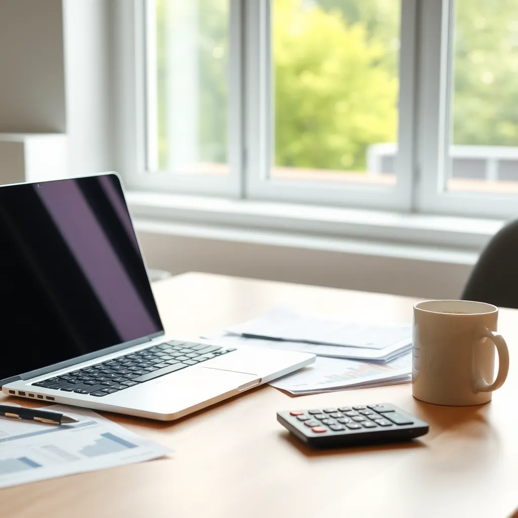 Een georganiseerd bureau met laptop, financiële documenten en een calculator