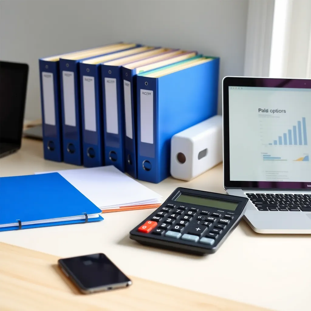 Georganiseerd financieel systeem met map, rekenmachine en laptop