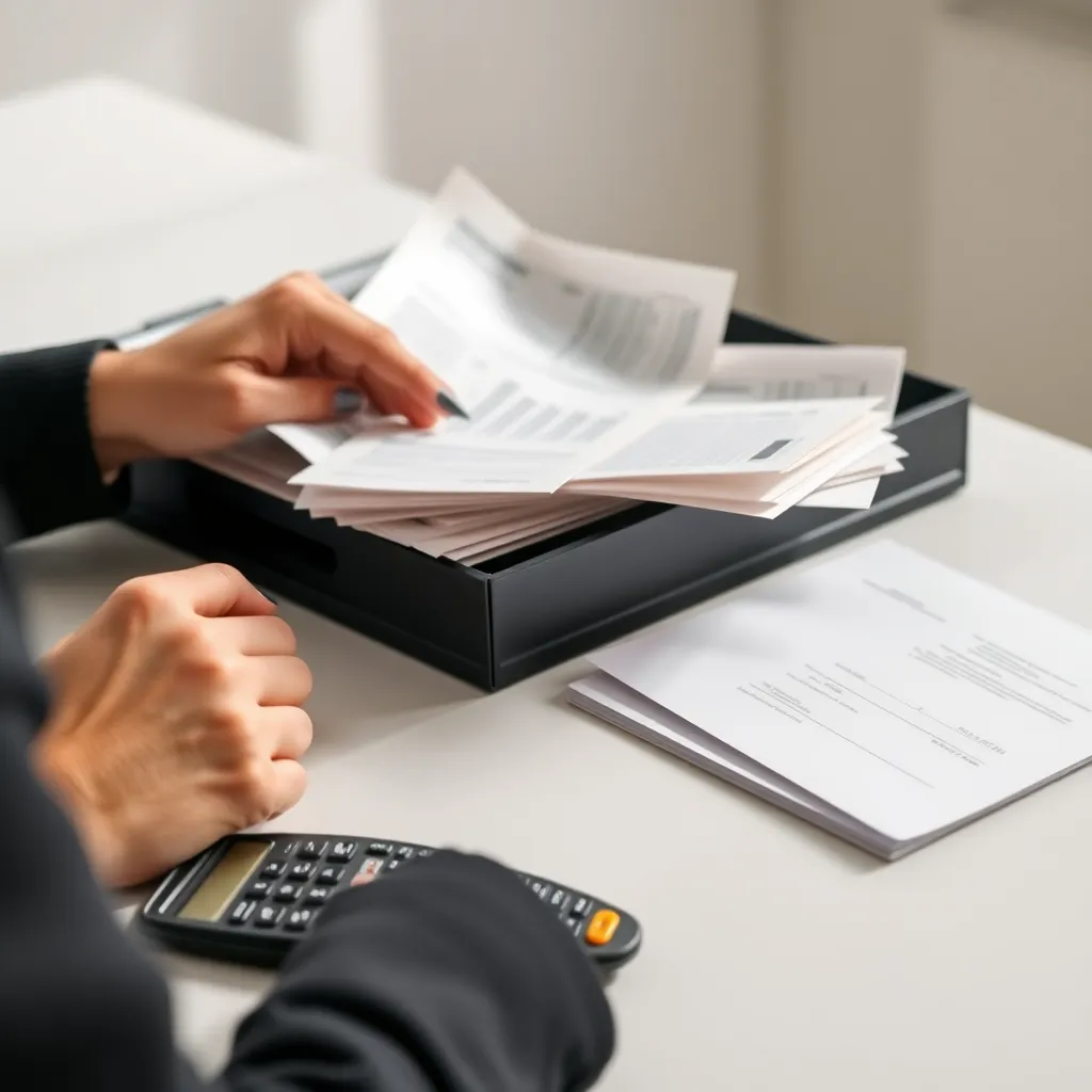 Persoon die een maandelijks budget plant met notitieblok en rekenmachine